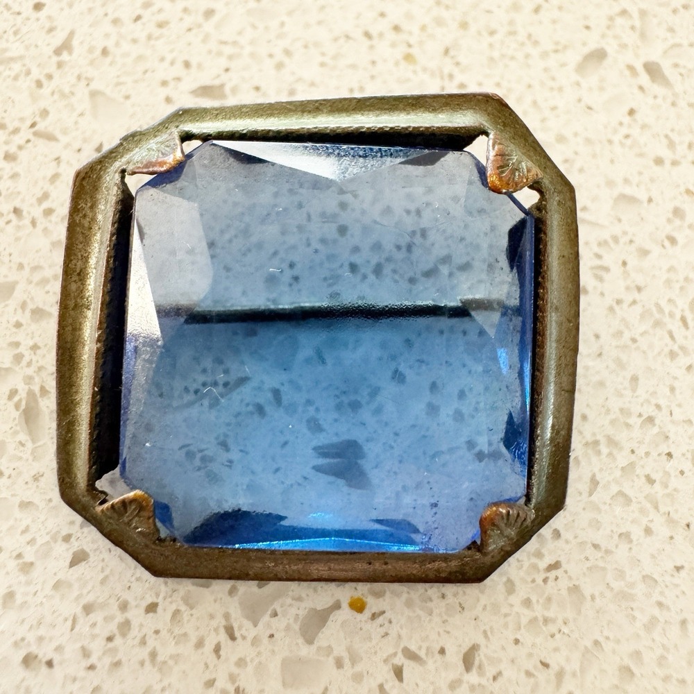 Art Deco Blue Glass Faceted Brooch Octagonal Costume Great Gatsby